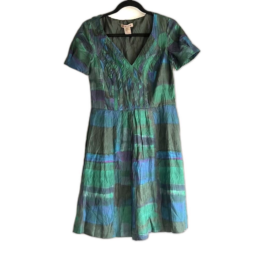 Jigsaw Silk Dress A-line Green Blue Abstract Pattern Size 6